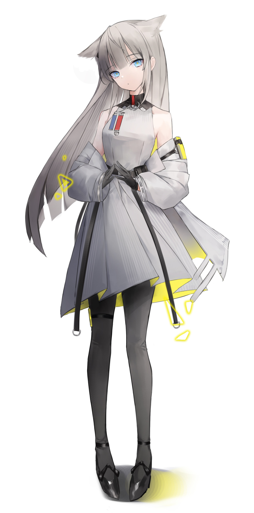 0_(znanimo) 1girl absurdres animal_ears arknights arknights:_endfield bare_shoulders black_footwear black_legwear blue_eyes cat_ears closed_mouth dress full_body grey_dress grey_jacket head_tilt high_heels highres jacket long_hair looking_at_viewer off_shoulder open_clothes open_jacket own_hands_together pantyhose perlica_(arknights) silver_hair simple_background solo standing thigh_strap very_long_hair white_background white_dress