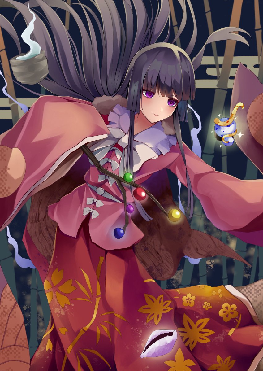 1girl absurdres bamboo black_hair blush branch closed_mouth eyebrows_visible_through_hair floating_hair highres hime_cut holding holding_branch houraisan_kaguya japanese_clothes jeweled_branch_of_hourai koizumo long_hair pink_shirt purple_eyes red_skirt shirt sidelocks skirt sleeves_past_wrists smile solo touhou wide_sleeves