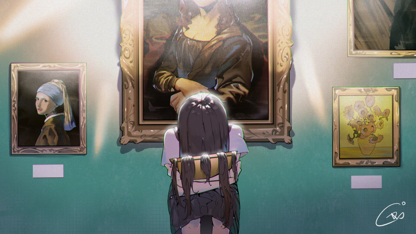 1girl absurdres black_skirt brown_hair cadorunrun fine_art girl_with_a_pearl_earring highres leaning_forward long_hair mona_lisa object_hug original painting_(object) pleated_skirt school_uniform serafuku shirt short_sleeves skirt solo very_long_hair white_shirt