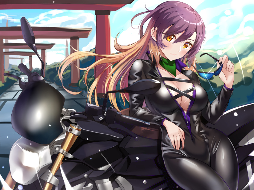 1girl biker_clothes bikesuit blue-tinted_eyewear bodysuit breasts cleavage day floating_hair glint gradient_hair green_scarf ground_vehicle hair_between_eyes highres hijiri_byakuren holding holding_eyewear i.f.s.f leaning_back light_smile long_hair long_sleeves looking_at_viewer medium_breasts motor_vehicle motorcycle multicolored_hair orange_hair outdoors purple_hair scarf skin_tight solo standing sunglasses tinted_eyewear torii touhou turbo_byakuren urban_legend_in_limbo wide_hips zipper