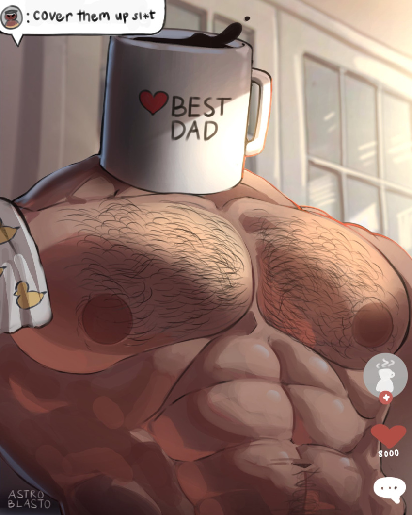 1boy areolae astro_blasto bara chest_hair cover_them_up_slut_(meme) cup dark-skinned_male dark_skin english_text highres large_pectorals looking_at_viewer male_focus mature_male meme mug mug_daddy muscular muscular_male nude original pectoral_focus pectorals solo tiktok upper_body