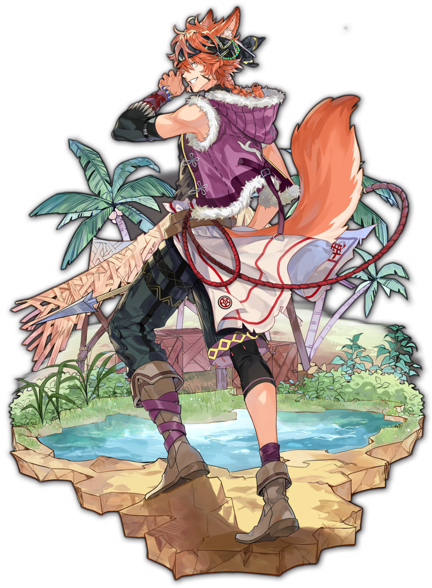 animal_ears artist_request bandana boots braid braided_ponytail coconut coconut_tree crate ein_(mahjong_soul) facial_hair facial_mark fox_ears fox_tail game_cg grass grin highres holding holding_polearm holding_weapon jacket leaf looking_back mahjong mahjong_soul official_art orange_hair palm_tree plant polearm pond purple_jacket simple_background smile solo spear tail tenbou third-party_source transparent_background tree water weapon yellow_eyes