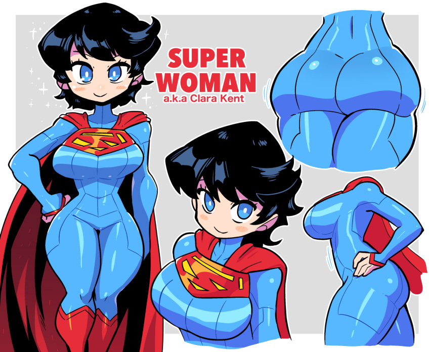 1girl ass black_hair blue_bodysuit blue_eyes bodysuit breasts bright_pupils cape character_name closed_mouth curvy dc_comics from_side genderswap genderswap_(mtf) hand_on_hip highres large_breasts looking_at_viewer multiple_views narrow_waist rariatto_(ganguri) red_cape redrawn short_hair smile superhero superman superman_(series) superwoman white_pupils