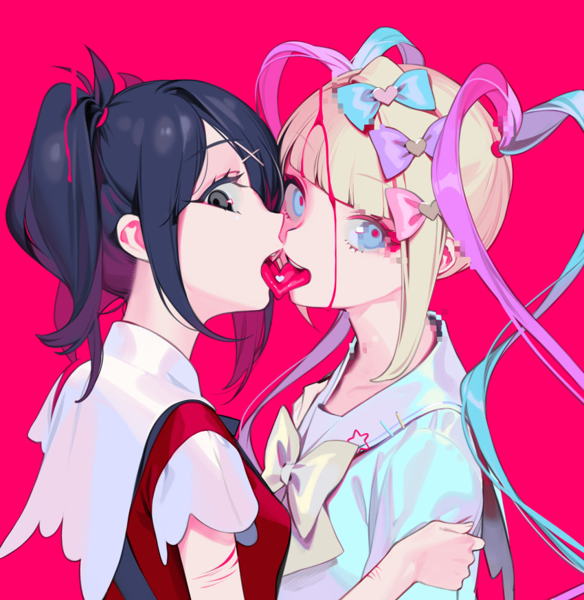 2girls ame-chan_(needy_girl_overdose) bangs black_eyes black_hair blonde_hair blue_bow blue_eyes blue_hair blunt_bangs bow bowtie breasts censored chouzetsusaikawa_tenshi-chan eyebrows_visible_through_hair french_kiss from_side hair_bow hair_ornament heart highres kiss long_hair looking_at_viewer mosaic_censoring multicolored_hair multiple_girls needy_girl_overdose official_art ohisashiburi open_mouth pink_background pink_bow pink_hair quad_tails school_uniform simple_background small_breasts star_(symbol) teeth tongue tongue_out upper_teeth white_bow white_bowtie x_hair_ornament yuri