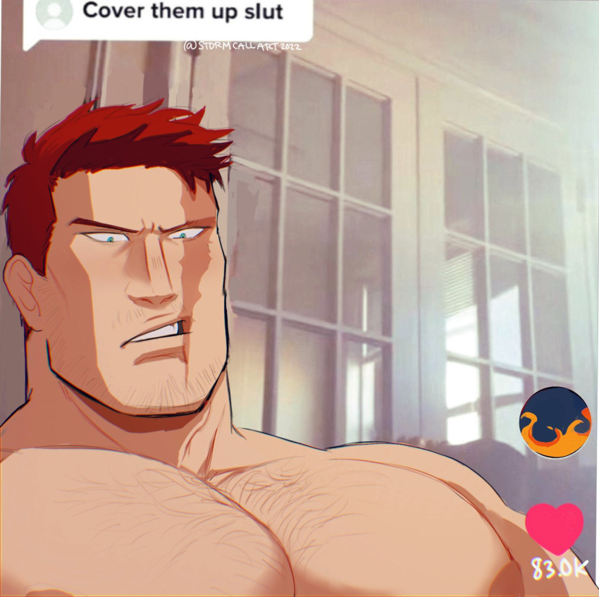 1boy bara boku_no_hero_academia chest_hair cover_them_up_slut_(meme) endeavor_(boku_no_hero_academia) facial_hair highres large_pectorals looking_at_viewer male_focus mature_male meme muscular muscular_male nipples nude pectoral_focus pectorals red_hair scar scar_across_eye short_hair sideburns solo stormcallart stubble tiktok upper_body