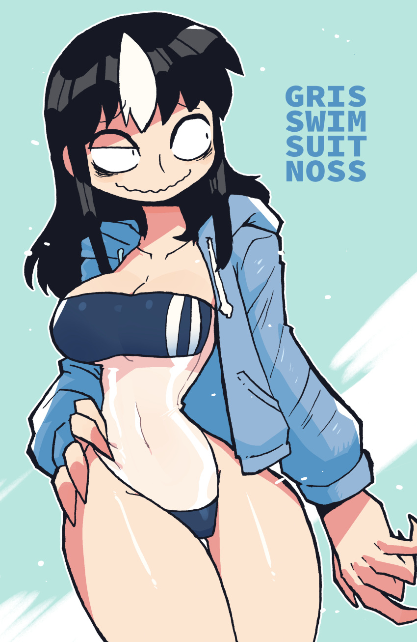 1girl absurdres alternate_costume aqua_background arm_at_side bags_under_eyes bangs black_hair blue_jacket blue_swimsuit borrowed_character breasts casual_one-piece_swimsuit character_name cleavage closed_mouth collarbone constricted_pupils covered_navel cowboy_shot double_vertical_stripe drawstring english_text fingernails gris_swimsuit groin half-closed_eyes hand_on_hip highleg highleg_swimsuit highres hood hood_down hooded_jacket jacket large_breasts legs_together light_particles light_smile long_fingernails long_hair long_sleeves looking_away looking_to_the_side meme_attire multicolored_hair narrow_waist navel noss_(rariatto) one-piece_swimsuit open_clothes open_jacket original outline pocket raised_eyebrows rariatto_(ganguri) see-through see-through_swimsuit sidelocks simple_background smile standing strapless strapless_swimsuit streaked_hair swimsuit swimsuit_under_clothes thick_thighs thigh_gap thighs two-tone_hair wavy_mouth white_hair white_outline wide_hips
