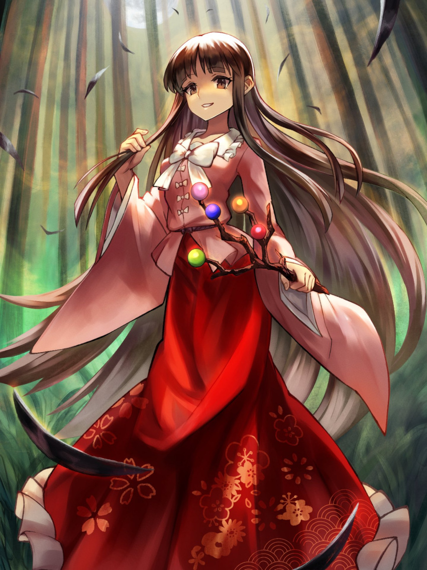 1girl bamboo bamboo_forest bamboo_print bangs blunt_bangs blush bow bowtie branch brown_eyes brown_hair commentary_request eyebrows_visible_through_hair eyelashes forest frilled_shirt_collar frilled_skirt frills highres hime_cut holding houraisan_kaguya japanese_clothes jeweled_branch_of_hourai leaf_print long_hair long_sleeves looking_at_viewer nature night outdoors parted_lips pink_shirt red_skirt ribbon shirt skirt smile solo standing teo_(telo_ruka) touhou white_bow white_bowtie white_ribbon