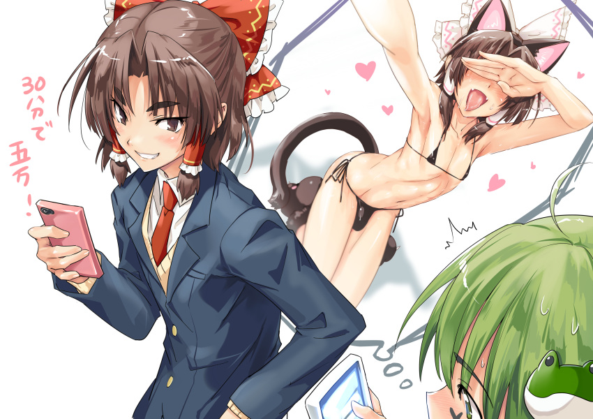 2boys absurdres animal_ears bangs benikurage_(cookie) bikini black_bikini blazer blue_jacket blush bow brown_eyes brown_hair bulge cat_boy cat_ears cat_tail cellphone collared_shirt commentary_request cookie_(touhou) covered_nipples covering_eyes cross eyebrows_visible_through_hair facepaint fake_animal_ears frilled_bow frilled_hair_tubes frills frog_hair_ornament full_body genderswap genderswap_(ftm) green_eyes green_hair grin hair_bow hair_ornament hair_tubes hakurei_reimu heart highres holding holding_phone jacket kochiya_sanae long_sleeves looking_at_another male_focus medium_hair multiple_boys necktie open_mouth otoko_no_ko parted_bangs paseri_(cookie) paw_shoes phone red_bow red_necktie shirt side-tie_bikini simple_background smartphone smile swimsuit tail tongue tongue_out touhou translation_request upper_body white_background white_shirt yamabe_no_akahito