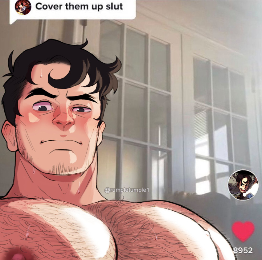 1boy bara beowulf_(skullgirls) black_hair character_request chest_hair cover_them_up_slut_(meme) facial_hair forked_eyebrows hair_strand highres large_pectorals looking_at_viewer male_focus mature_male meme messy_hair muscular muscular_male nipples nude pectoral_focus pectorals rumple_tumple short_hair sideburns skullgirls solo stubble sweat thick_eyebrows tiktok upper_body