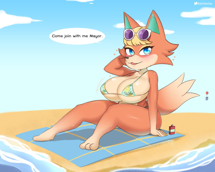 &lt;3 animal_crossing anthro audie_(animal_crossing) balloon beach big_breasts bikini blonde_hair blue_eyes blush breasts canid canine canis clothing english_text eyewear eyewear_on_head female gift hair hand_behind_head hi_res huge_breasts inflatable looking_at_viewer lotion_bottle mammal multicolored_body nintendo open_mouth sand seaside sitting solo speech_bubble startop sunglasses sunglasses_on_head swimwear text thick_thighs two_tone_body video_games water wolf