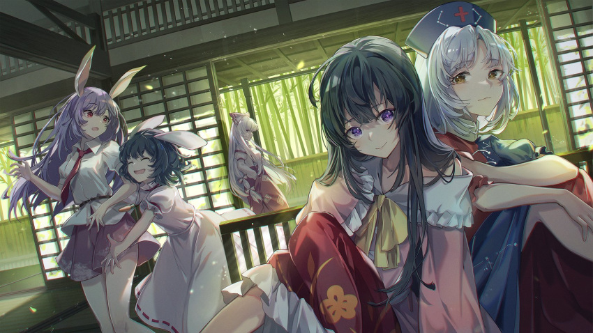 5girls alternate_eye_color animal_ears bamboo bamboo_forest black_hair blue_dress blue_headwear blush bow carrot_necklace closed_eyes closed_mouth collared_shirt commentary_request constellation_print cross dress eientei eyebrows_visible_through_hair forest frilled_skirt frills fujiwara_no_mokou hair_between_eyes hair_bow hands_in_pockets hat highres houraisan_kaguya inaba_tewi indoors japanese_clothes kyusoukyu light_purple_hair long_hair long_sleeves looking_at_another looking_at_viewer looking_to_the_side miniskirt multiple_girls nature necktie nurse_cap off_shoulder open_mouth pants pink_dress pink_shirt pink_skirt pleated_skirt profile puffy_short_sleeves puffy_sleeves purple_eyes rabbit_ears red_cross red_dress red_eyes red_necktie red_pants red_skirt reisen_udongein_inaba shirt short_hair short_sleeves shouji silver_hair skirt sleeves_past_wrists sliding_doors smile tatami touhou two-tone_dress white_bow white_hair white_shirt wide_sleeves yagokoro_eirin yellow_eyes