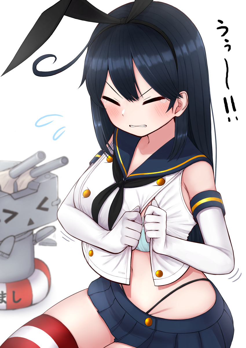 &gt;_&lt; 1girl absurdres anchor_hair_ornament black_hair black_hairband black_neckwear black_panties blue_bra blue_sailor_collar blue_skirt blush bra breasts buttons closed_eyes cosplay crop_top elbow_gloves flying_sweatdrops gloves hair_ornament hairband highleg highleg_panties highres kantai_collection lifebuoy long_hair microskirt midriff navel panties rensouhou-chan sailor_collar shimakaze_(kancolle) shimakaze_(kancolle)_(cosplay) skirt string_panties striped striped_legwear tears thighhighs tiemu_(man190) underwear ushio_(kancolle) white_background white_gloves
