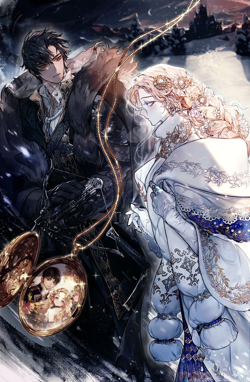 1boy 1girl absurdres blonde_hair blue_eyes closed_mouth coat gloves hair_ornament highres jewelry jewelry_removed locket necklace necklace_removed original outdoors pale_skin pendant pigeon666 snow white_gloves winter_clothes