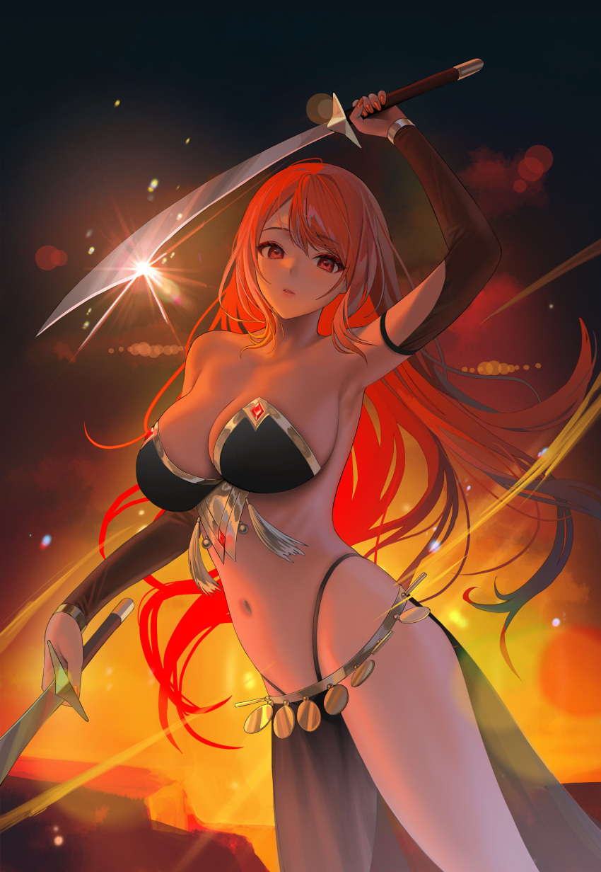 1girl absurdres arm_up armpits bare_shoulders bikini black_bikini breasts cleavage collarbone cowboy_shot cutlass_(sword) detached_sleeves dual_wielding fire glint gold_trim highleg highleg_bikini highres holding large_breasts long_hair long_sleeves looking_at_viewer navel original parted_lips pelvic_curtain red_eyes red_hair revealing_clothes solo stomach strapless strapless_bikini string_bikini swimsuit thighs tokkihouse very_long_hair