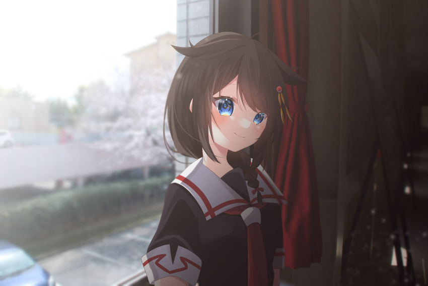 1girl absurdres ahoge black_hair black_serafuku blue_eyes blurry blurry_background braid hair_flaps hair_ornament hair_over_shoulder highres indoors kantai_collection kazama_gorou necktie open_window red_necktie school_uniform serafuku shigure_(kancolle) shigure_kai_ni_(kancolle) short_sleeves single_braid smile solo window