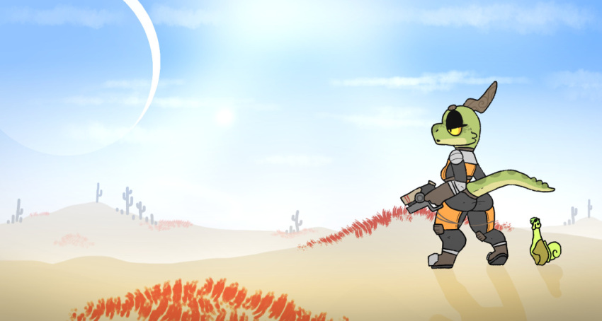 amber_(squablodecomplash) anthro astroneer black_clothing breasts brown_body cactus clothed clothing desert detailed_background digital_media_(artwork) duo enoki_(astroneer) eyelashes eyeshadow facial_markings female galastropods gastropod green_body green_scales grey_clothing gun head_markings holding_gun holding_object holding_weapon horn horn_markings kobold light makeup mammal markings mollusk moon multicolored_body orange_clothing outside plant ranged_weapon scales scalie shell sky snail space_snail spacesuit squablodecomplash standing sunlight tail_markings weapon yellow_eyes