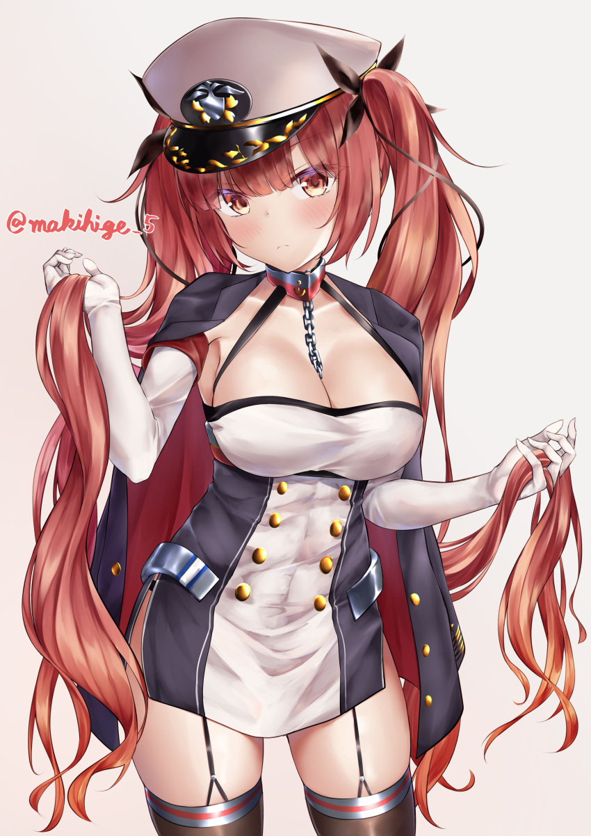 1girl absurdres azur_lane black_cape black_panties black_ribbon blush breasts buttons cape chain cleavage commentary_request double-breasted dress elbow_gloves frown garter_straps gloves gradient_hair hair_ribbon hands_up hat head_tilt highres holding holding_hair honolulu_(azur_lane) large_breasts long_hair looking_at_viewer makihige military_hat multicolored_hair orange_eyes orange_hair panties red_eyes red_hair ribbon side_slit skindentation sleeveless sleeveless_dress thighhighs thighs twintails underwear very_long_hair white_gloves