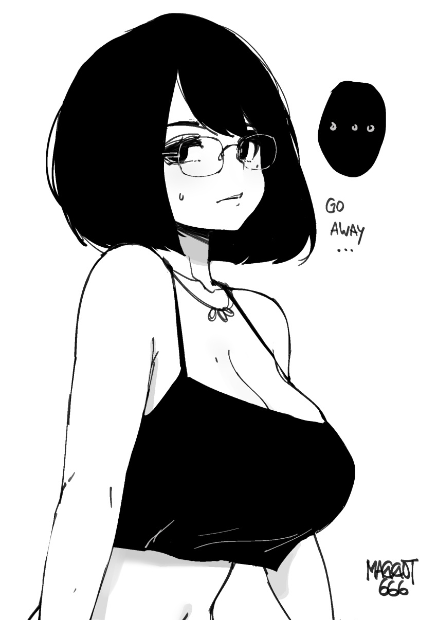 ... 1girl absurdres annoyed artist_name bangs bare_shoulders black_camisole black_hair blush bob_cut breasts camisole cleavage collarbone crop_top crop_top_overhang desyana_laurentia english_text from_side glasses greyscale highres jewelry large_breasts leaning_forward light_frown looking_at_viewer medium_hair midriff monochrome navel necklace norman_maggot original sideways_glance simple_background sketch solo speech_bubble spoken_ellipsis sweatdrop swept_bangs upper_body white_background