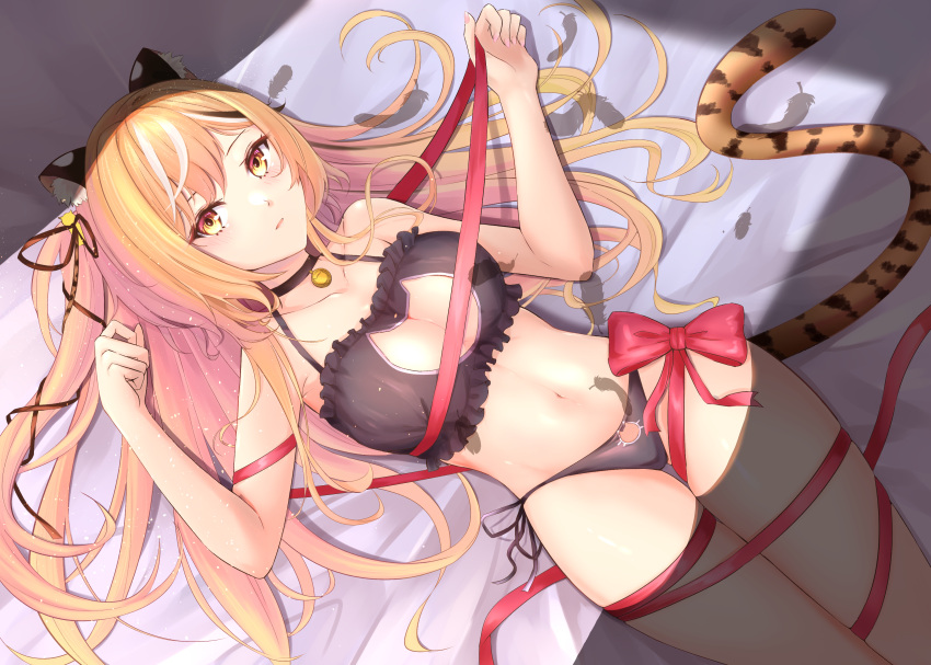1girl absurdres animal_ears bikini black_bikini black_choker black_hair black_ribbon blonde_hair bow breasts cat_cutout cat_cutout_panties cat_lingerie choker cleavage closed_mouth clothing_cutout collarbone from_above hair_ribbon highres indie_virtual_youtuber leopard_ears leopard_girl leopard_tail long_hair looking_at_viewer lying medium_breasts meme_attire multicolored_hair navel neckbell no.fifteen on_back panties red_bow red_ribbon ribbon shawn358 side-tie_panties streaked_hair swimsuit tail underwear virtual_youtuber white_hair yellow_eyes