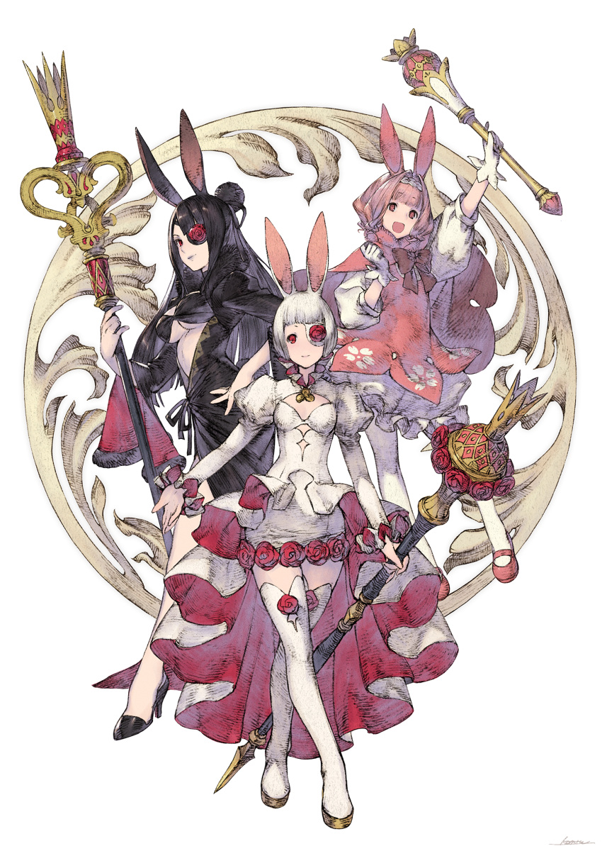 3girls :d animal_ears black_dress black_footwear black_hair bob_cut bow breasts dress flower flower_eyepatch gloves hair_bun high_heels highres holding holding_scepter holding_wand kotatsu_(g-rough) long_hair looking_at_viewer medium_breasts medium_hair multiple_girls one_eye_covered original pantyhose pink_bow pink_dress pink_hair puffy_short_sleeves puffy_sleeves rabbit_ears red_eyes red_flower red_rose rose scepter short_hair short_sleeves skuld_(kotatsu_(g-rough)) smile thighhighs urd_(kotatsu_(g-rough)) verthandi_(kotatsu_(g-rough)) wand white_dress white_gloves white_hair white_legwear