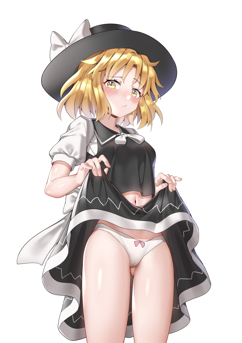 absurdres ailu_elf ass_visible_through_thighs bangs black_headwear black_vest blush bow bow_panties breasts cameltoe closed_mouth clothes_lift collared_vest commentary_request cowboy_shot fedora hat hat_bow highres legs lifted_by_self midriff navel panties pink_bow puffy_short_sleeves puffy_sleeves ribbon shirt short_sleeves simple_background skirt skirt_lift small_breasts smile stomach touhou touhou_(pc-98) underwear vest white_background white_panties white_ribbon white_shirt yellow_eyes yuki_(touhou)