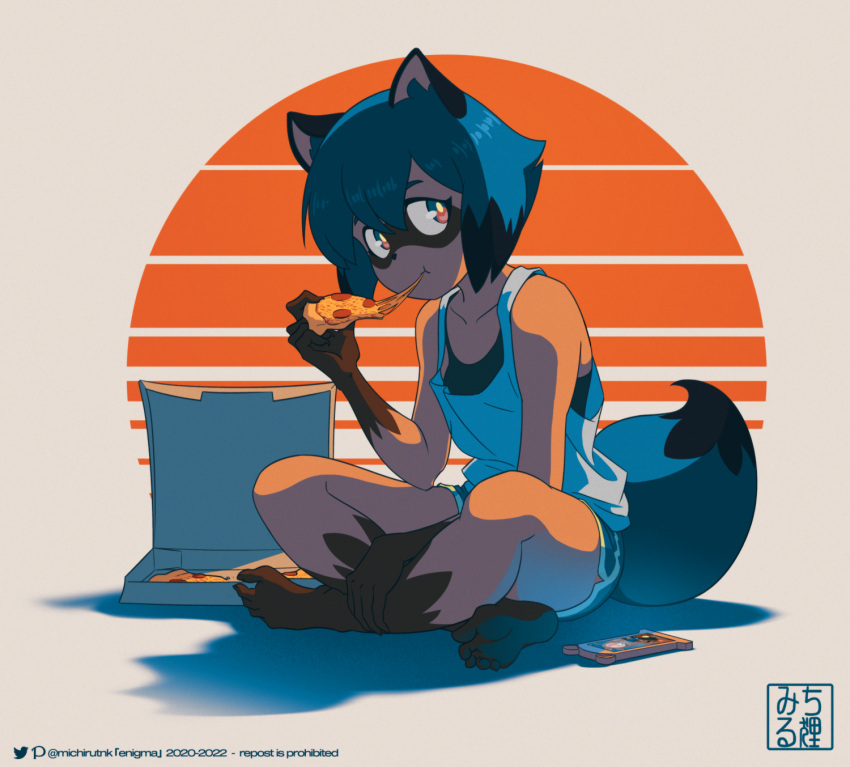 1girl animal_ears barefoot blue_hair brand_new_animal collarbone eating food full_body furry furry_female highres indian_style kagemori_michiru michirutnk pizza pizza_slice raccoon_ears raccoon_girl raccoon_tail short_hair sitting soles solo tail