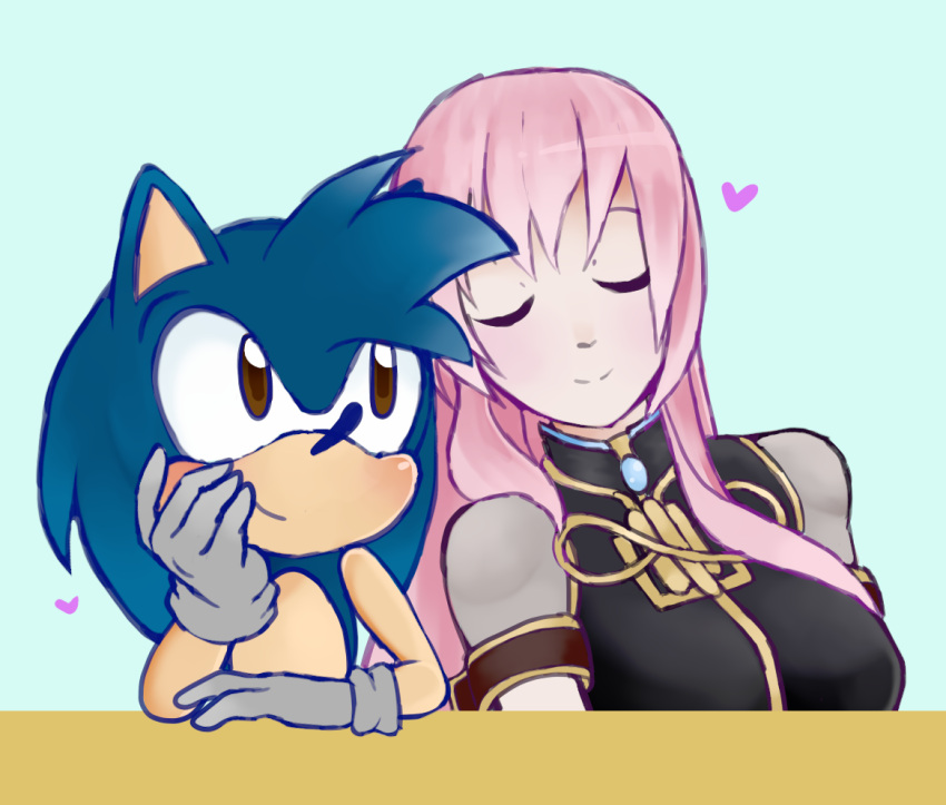 &lt;3 2019 anthro blue_body blush brown_eyes clothing duo eulipotyphlan eyes_closed fan_character female hair hedgehog human lavenderaraliya long_hair looking_at_another looking_at_partner male mammal megurine_luka pink_hair sega simple_background sleeping_on_partner sonic_the_hedgehog_(series) vocaloid