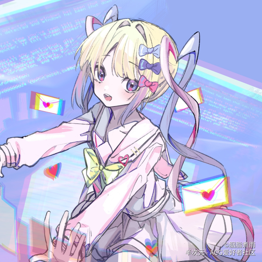 1girl blue_screen_of_death bow chouzetsusaikawa_tenshi-chan chromatic_aberration eyebrows_visible_through_hair hair_bow hair_intakes highres holographic_clothing iridescent large_bow looking_at_viewer love_letter multiple_hair_bows needy_girl_overdose onga open_mouth purple_eyes quad_tails silver_hair solo teeth upper_teeth