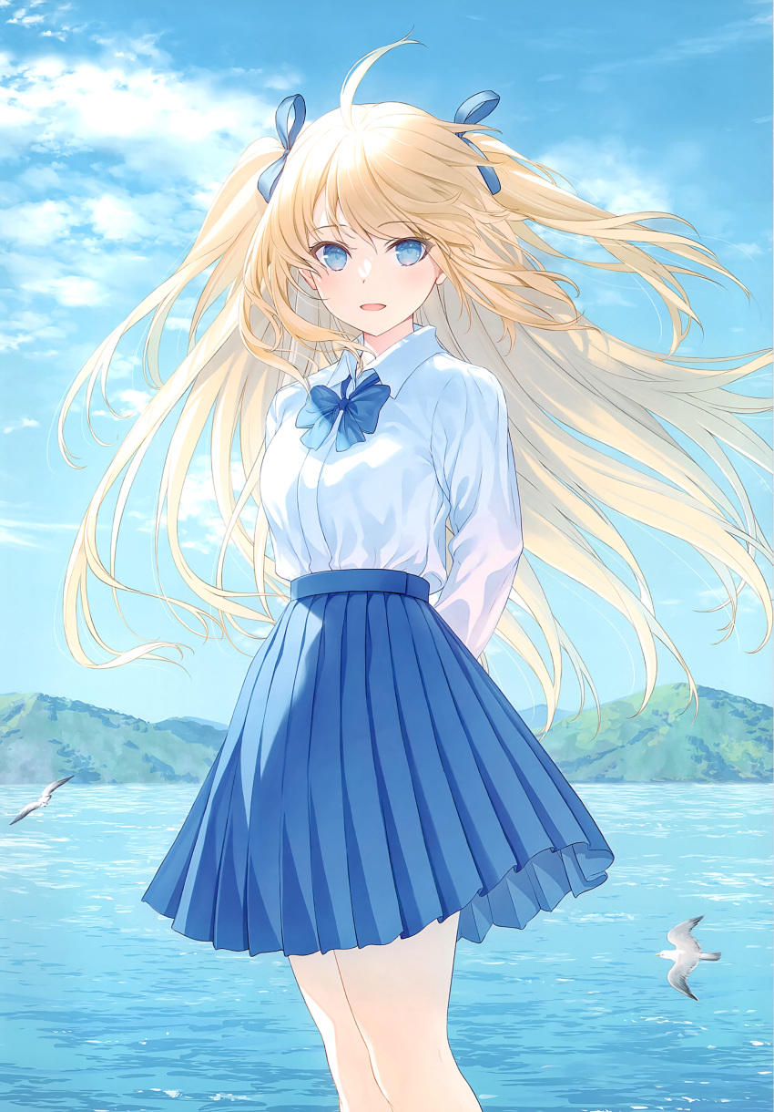 1girl absurdres ahoge animal arms_behind_back bangs bird blonde_hair blue_eyes blue_skirt blue_sky blush bow bowtie cloud cloudy_sky day eyebrows_visible_through_hair hair_bow highres long_hair long_sleeves looking_at_viewer mountain open_mouth original outdoors pleated_skirt scan seagull shirt skirt sky solo tied_hair water yashiro_seika
