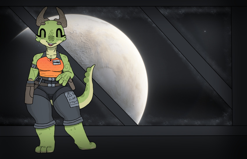 amber_(squablodecomplash) anthro belt black_clothing breasts clothing fangs female freckles green_body green_scales grey_clothing happy head_markings hi_res horn horn_markings kobold mammal markings multicolored_body multicolored_scales open_mouth orange_clothing planet scales scalie smile solo space spacecraft spacestation squablodecomplash star tail_markings teeth tongue two_tone_body two_tone_scales vehicle wide_hips window