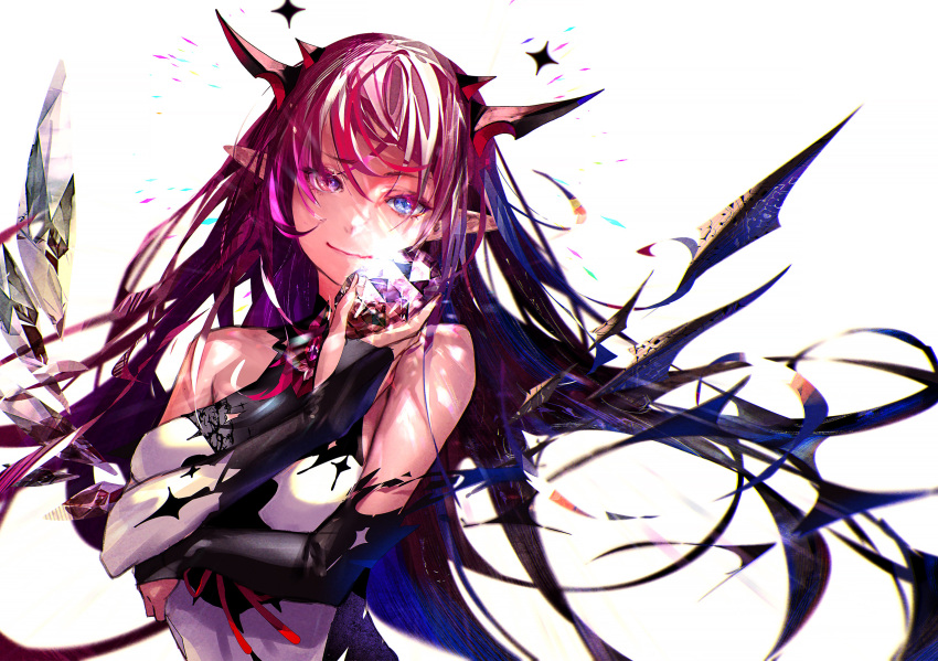 1girl bangs bare_shoulders blue_eyes breasts bridal_gauntlets closed_mouth dress hand_up heterochromia highres holding hololive hololive_english horns irys_(hololive) long_hair looking_at_viewer medium_breasts multiple_horns pointy_ears purple_eyes purple_hair redjuice simple_background smile solo underwear upper_body virtual_youtuber white_background white_dress wings