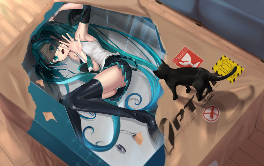 1girl 999_ducati absurdres android animal aqua_eyes aqua_hair aqua_necktie armpits bare_shoulders black_legwear black_skirt black_sleeves boots box cat cat_paw commentary_request couch detached_sleeves furrowed_brow hair_ornament hatsune_miku headphones headphones_removed highres in_box in_container logo long_hair miniskirt necktie open_mouth outstretched_hand pleated_skirt scared scratches shirt skirt sleeveless sleeveless_shirt thigh_boots thighhighs twintails very_long_hair vocaloid white_shirt wooden_floor wrapping