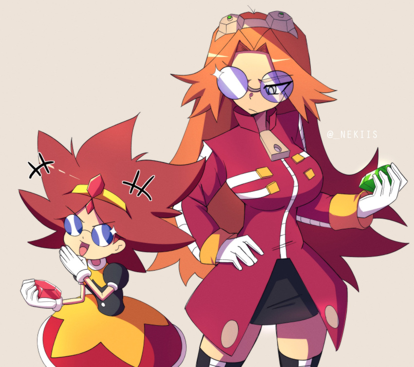 2girls :d absurdres black_skirt breasts brown_hair chaos_emerald closed_mouth coat dr._eggman eggette eggmaam gem genderswap genderswap_(mtf) glasses gloves highres holding holding_gem long_hair looking_at_another multiple_girls nekiis ojou-sama_pose orange_hair puffy_sleeves red_coat shirt skirt smile sonic_(series) sonic_mania spiked_hair thighhighs white_gloves zipper_pull_tab