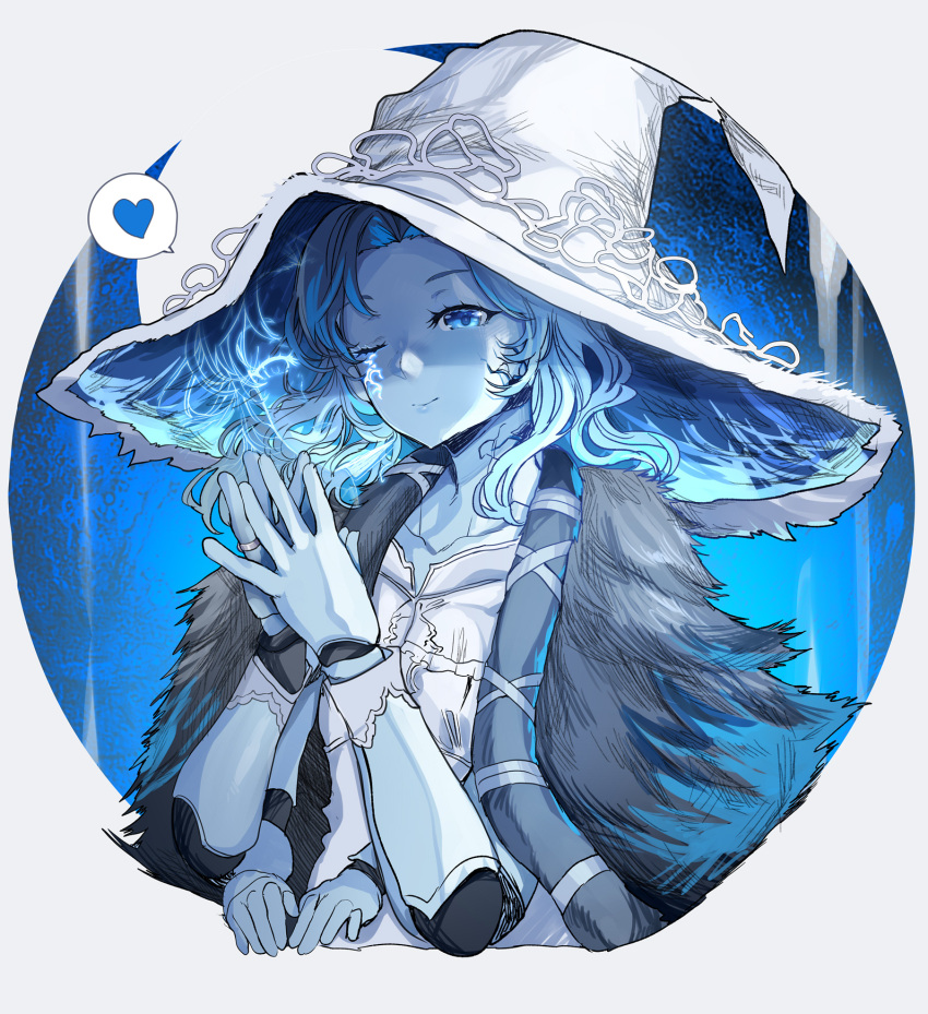 1girl blue_eyes blue_hair blue_heart blue_skin close-up colored_skin dual_persona elden_ring extra_arms fur_cloak hat heart highres himuro_shunsuke jewelry long_hair one_eye_closed profile ranni_the_witch ring smile solo symbol-only_commentary witch