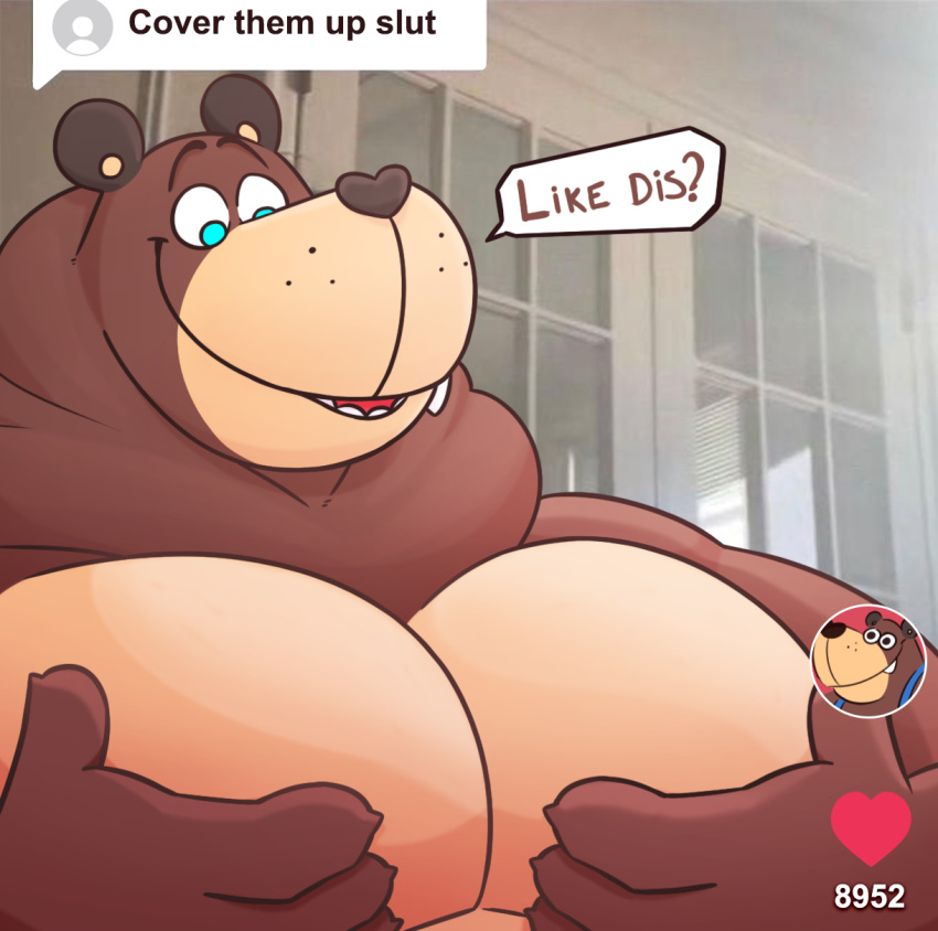 2022 anthro big_pecs blue_eyes brown_body cade_(the_human_heart) cover_them_up_slut english_text hi_res humanoid_hands leonthelionel male mammal musclegut pecs solo text the_human_heart_(game) ursid video_games visual_novel