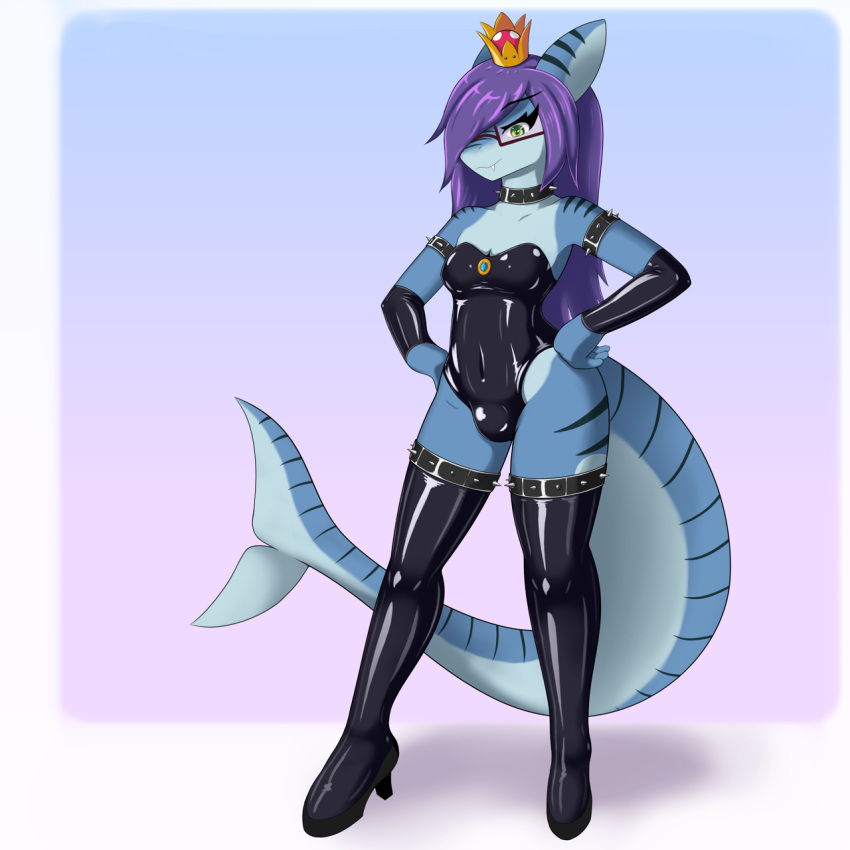 anthro bowsette_meme bracelet breasts clothed clothing collar crown digital_media_(artwork) dutchsyndicalist eyewear female fish glasses green_eyes hair hi_res hyacinthia jewelry latex legwear leotard looking_at_viewer marine mario_bros markings meme nintendo non-mammal_breasts purple_hair red_eyewear red_glasses requiem_shark rubber shark simple_background smile solo spiked_bracelet spiked_collar spikes striped_markings stripes super_crown thigh_highs tiger_shark trans_(lore) trans_woman_(lore) video_games