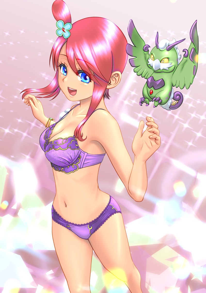 1girl :d absurdres bangs bare_arms bare_legs blue_eyes bra bracelet breasts cleavage collarbone eyebrows_visible_through_hair hadairo_rainbow hair_between_eyes highres jewelry medium_breasts navel panties pokemon pokemon_(game) pokemon_masters_ex purple_bra purple_panties red_hair shiny shiny_hair short_hair_with_long_locks sidelocks skyla_(pokemon) smile solo standing tornadus tornadus_(therian) underwear underwear_only