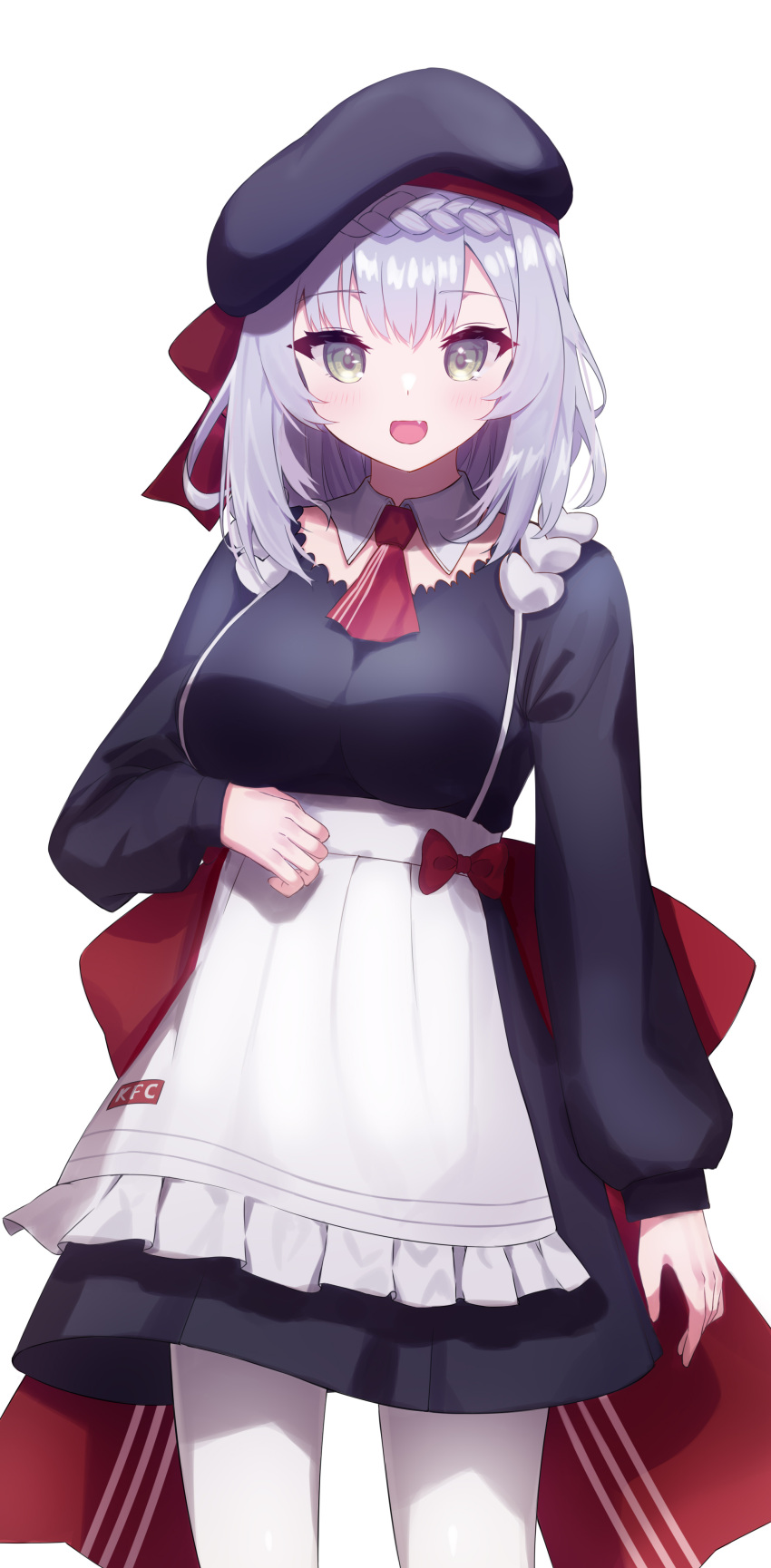 1girl :d absurdres adapted_costume apron bangs black_dress black_headwear blunt_bangs blush bow bowtie braid breasts cabbie_hat dress employee_uniform genshin_impact green_eyes grey_hair hat highres kfc long_sleeves medium_breasts noelle_(genshin_impact) open_mouth pantyhose puto_(put_to_) red_bow red_bowtie short_hair simple_background smile uniform white_background white_legwear