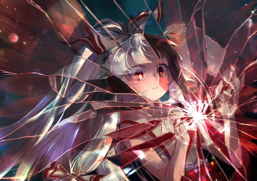 1girl black_hair blush bow collared_shirt commentary english_commentary eyebrows_visible_through_hair fujiwara_no_mokou fujiwara_no_mokou_(young) glowing hair_bow hands_up highres long_hair looking_at_object pants parted_lips ponytail red_eyes red_pants s5pp5 shattered shirt short_hair solo suspenders tearing_up teeth touhou upper_body white_bow white_hair white_shirt