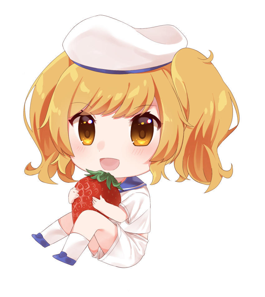 1girl bangs blonde_hair blue_footwear blue_sailor_collar blush chibi commentary_request eyebrows_visible_through_hair food fruit full_body happy hat highres holding kitashirakawa_chiyuri loafers medium_hair midriff_peek milll_77 open_mouth sailor_collar sailor_hat sailor_shirt shirt shoes short_sleeves shorts simple_background strawberry touhou touhou_(pc-98) twintails white_background white_headwear white_shirt white_shorts yellow_eyes