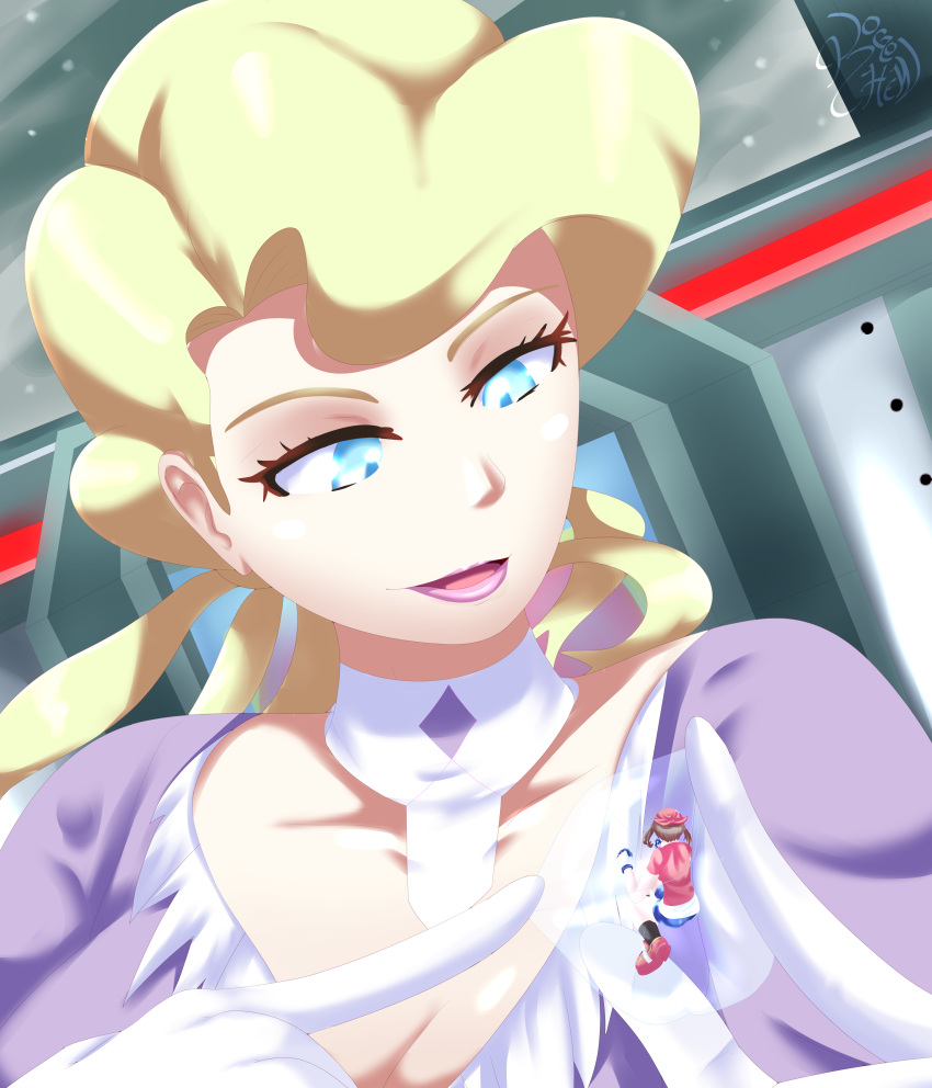 absurdres blonde_hair blue_eyes braid breasts choker cleavage cleavage_cutout clothing_cutout dress giant giantess glacia_(pokemon) gloves highres may_(pokemon) pokemon purple_dress short_hair sleeves_past_wrists white_gloves