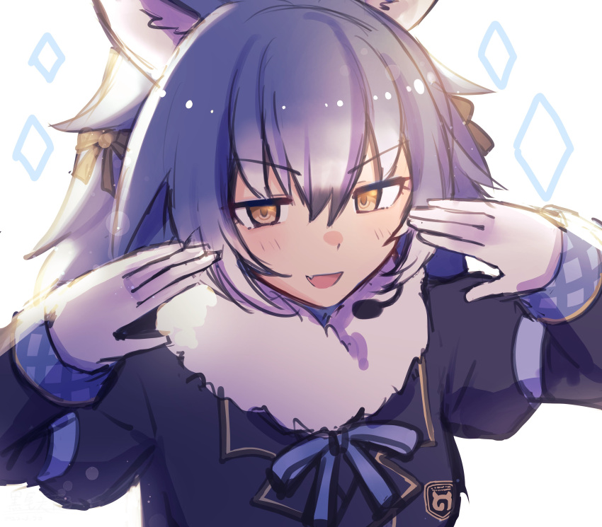 1girl absurdres animal_ears black_hair blue_coat blue_hair blue_necktie blush bow coat dire_wolf_(kemono_friends) eyebrows_visible_through_hair fang fur_collar gloves gold_trim hair_between_eyes hair_bow highres japari_symbol kemono_friends kemono_friends_v_project long_hair long_sleeves microphone mitorizu_02 multicolored_hair neck_ribbon necktie open_mouth plaid_trim purple_hair ribbon solo twintails white_fur white_gloves white_hair wolf_ears wolf_girl yellow_eyes