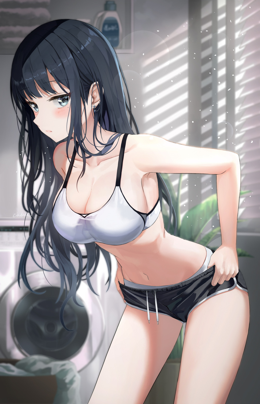 1girl absurdres armpits bare_arms bare_shoulders black_hair black_shorts blinds blue_eyes bra breasts cleavage closed_mouth collarbone cowboy_shot day dolphin_shorts drawstring earrings english_commentary expressionless highres indoors jewelry large_breasts leaning_forward long_hair looking_at_viewer micro_shorts midriff minari_(lmina09) mixed-language_commentary mole mole_under_eye navel original panties short_shorts shorts sidelocks solo standing stomach thighs underwear undressing washing_machine white_bra white_panties