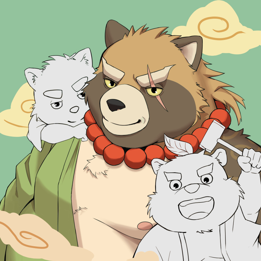 2022 44maruds absurd_res anthro black_nose canid canine group gyobu gyobu's_underlings hi_res kemono lifewonders male mammal moobs nipples overweight overweight_male portrait raccoon_dog scar size_difference tanuki tokyo_afterschool_summoners video_games young