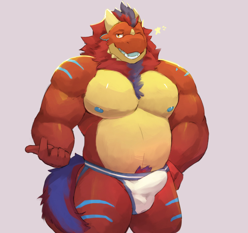 absurd_res anthro astro_(character) bulge clothing dragon fur genital_outline hair hi_res horn jockstrap male markings musclegut nipples one_eye_closed penis_outline pubes purple_body purple_fur red_body red_fur red_scales rojoslushy scales simple_background slightly_chubby solo underwear wink