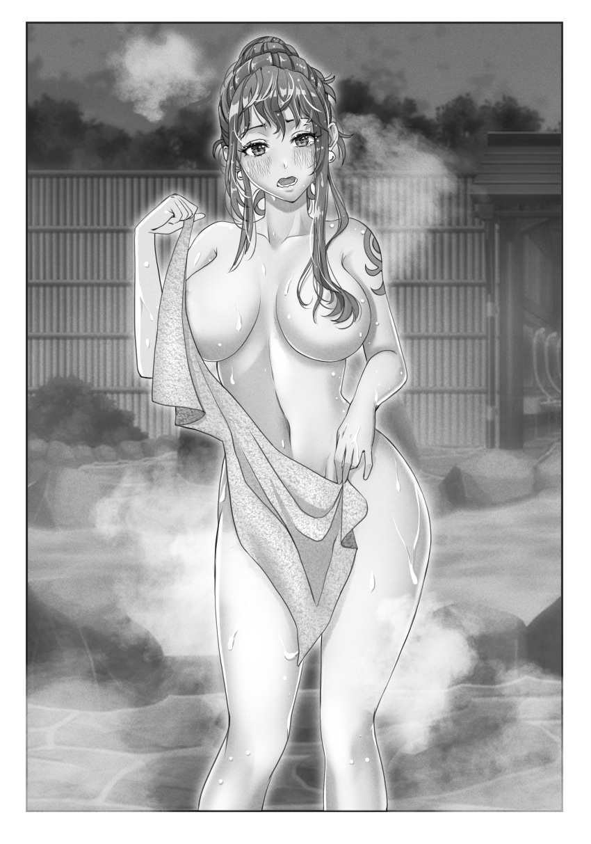 absurdres areola_slip areolae arm_up bangs blush breasts commission convenient_censoring earrings embarrassed greyscale hair_bun hand_up highres huge_breasts jewelry kerana_art long_hair midriff monochrome nami_(one_piece) navel one_piece onsen open_mouth tattoo towel
