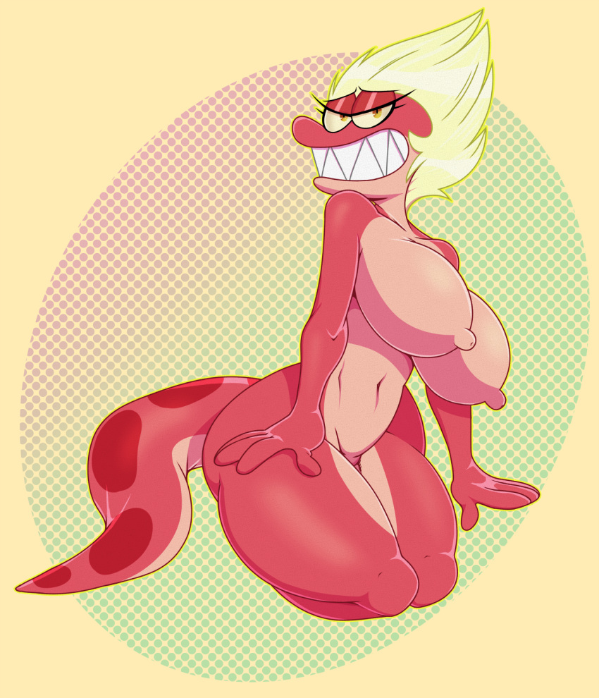 4_fingers amphibia_(series) amphibian anthro blonde_hair breasts disney eyelashes female fingers general_yunan hair hi_res kneeling long_tail looking_at_viewer navel newt nipples non-mammal_breasts nude pink_body salamander_(amphibian) sbshouseofpancakes sharp_teeth sitting smile solo teeth wide_hips