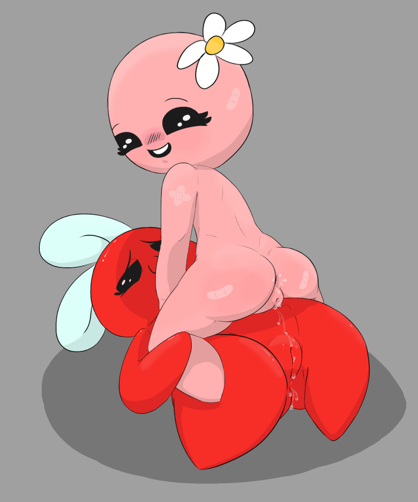 anthro arthropod baby_plum_(tboi) bandage_girl blush bodily_fluids breasts bubble_butt butt dripping dripping_pussy duo female female/female flat_chested genital_fluids genitals hi_res insect looking_at_viewer looking_back pussy pussy_juice shy slim small_breasts small_chest smile visiosovizzy