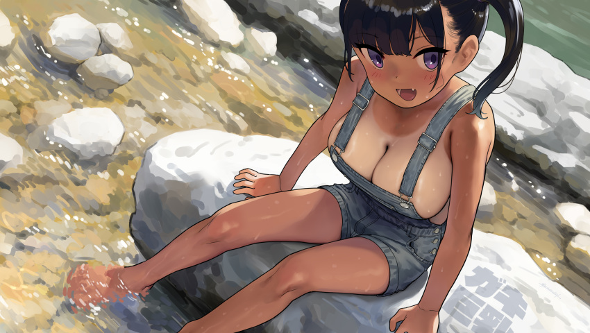 1girl :d bangs barefoot black_hair blush breasts cleavage commentary_request dark_skin day dutch_angle fang grey_overalls highres kaedeko_(kaedelic) large_breasts legs long_hair looking_at_viewer naked_overalls on_rock one-piece_tan open_mouth oppai_loli original outdoors overalls purple_eyes saki_sasaki_(kaedeko) sitting smile soaking_feet solo stream tan tanlines twintails water wet