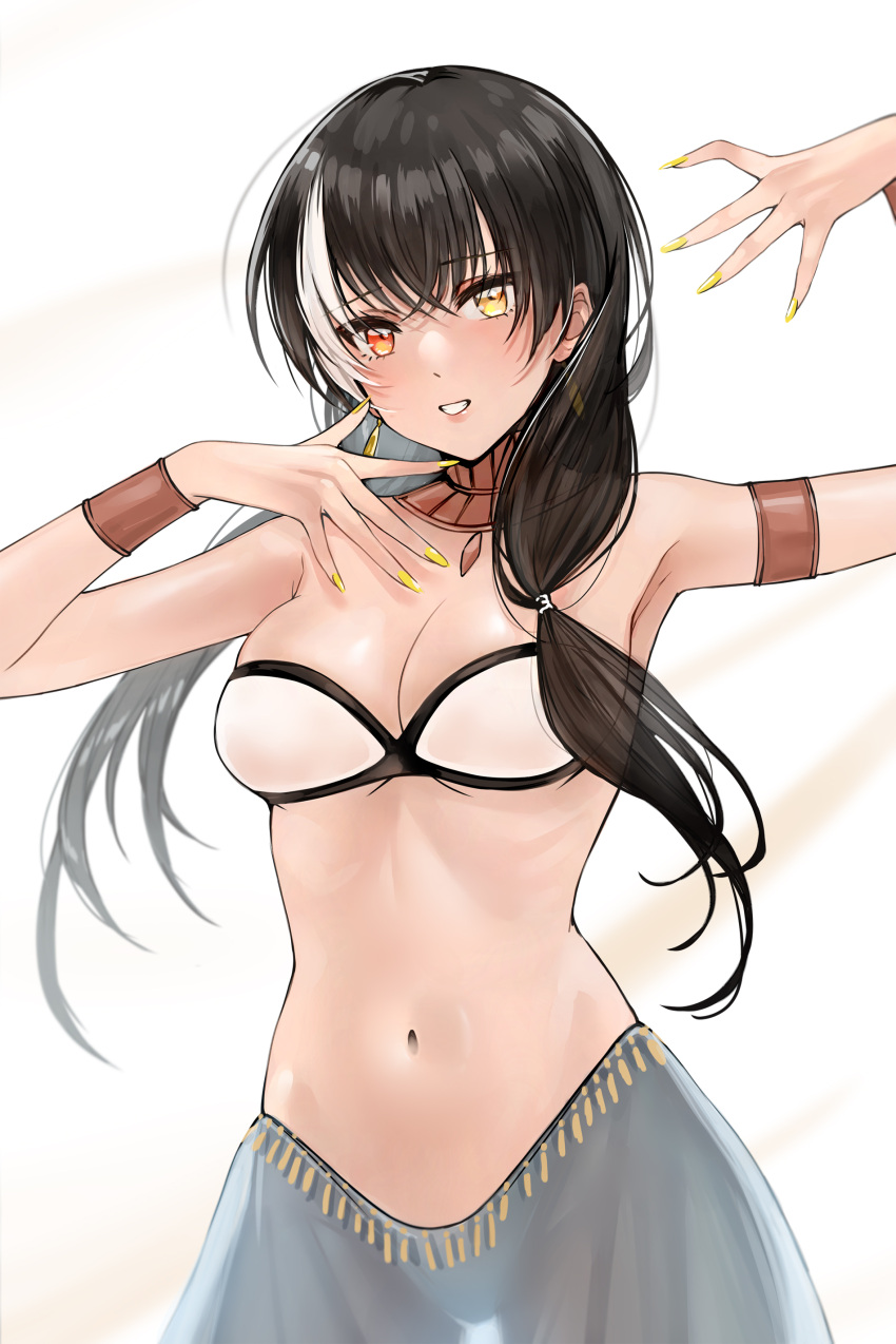 1girl absurdres alternate_costume arms_up bangs black_hair blush bra breasts cl_(summer_sama) cleavage commission dancer earrings eyebrows_visible_through_hair girls'_frontline hair_ornament hairclip heterochromia highres jewelry long_hair looking_at_viewer medium_breasts multicolored_hair nail_polish navel open_mouth pixiv_request red_eyes ro635_(girls'_frontline) smile solo standing teeth underwear white_background white_bra yellow_eyes yellow_nails